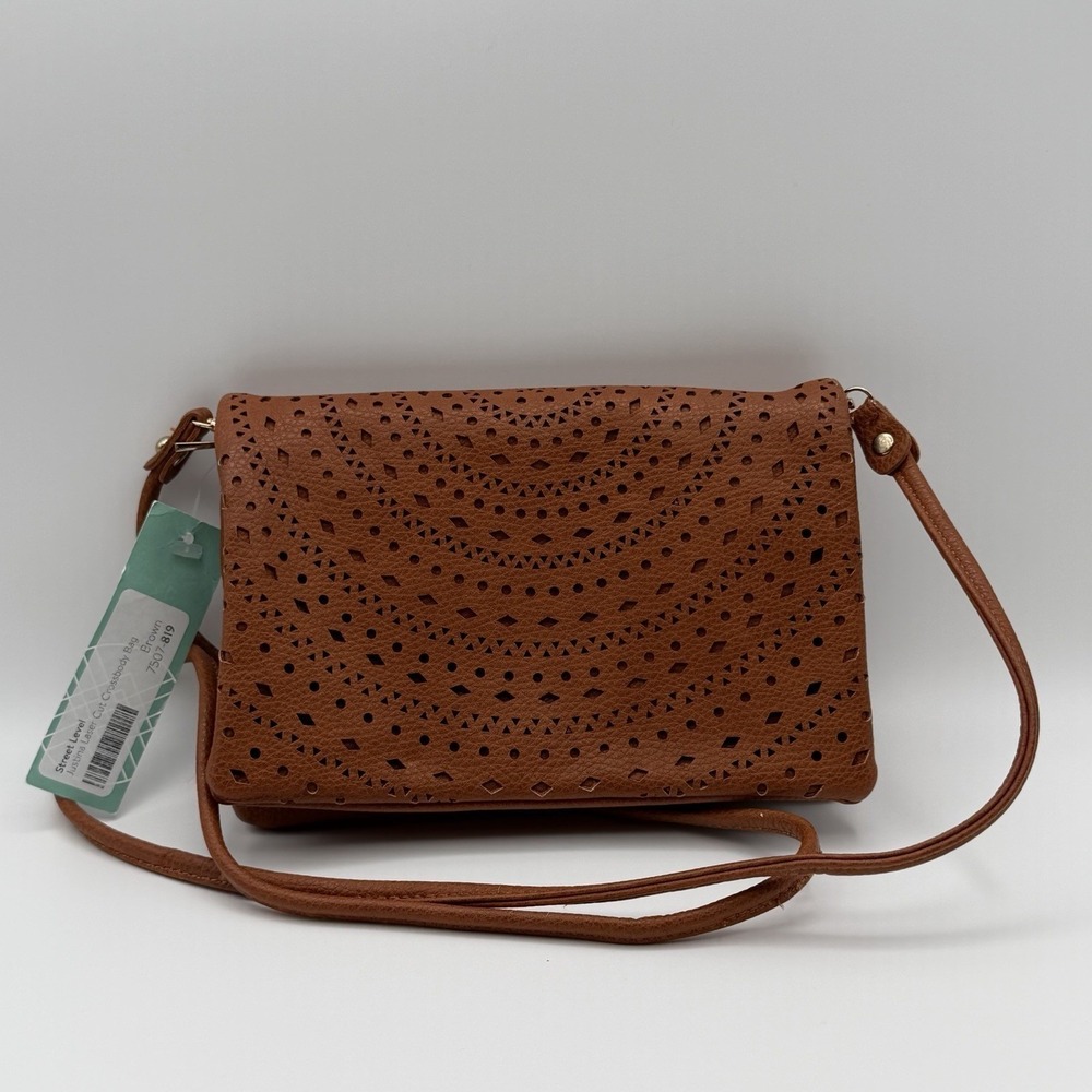 Street Level Justina Laser Cut Brown Crossbody Bag Faux Leather‎ New